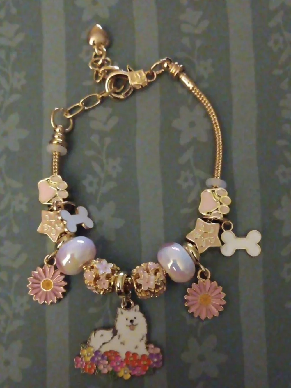 Gold-tone Pet Charm Bracelet with Pink Flower and White Dog Pendant